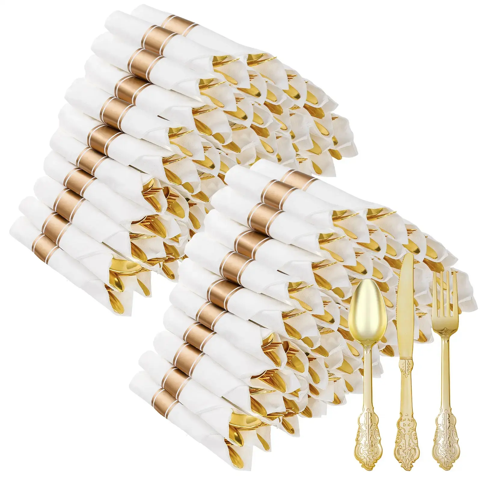 Sturdy Heavyweight Food-Safe Disposable Plastic Utensils Set (400-Pcs Bulk Pack) - 100 Pre-Rolled Striped Napkins, Forks, Knives, Spoons for Wedding, Anniversary Party Supplies, Stripes