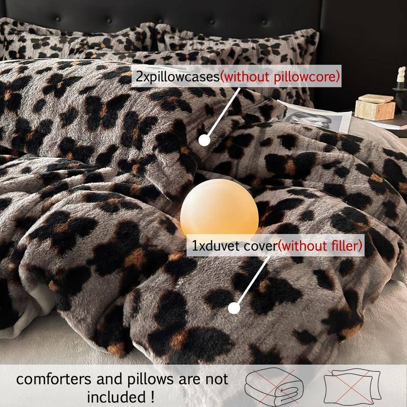 Luxury Faux Rabbit Fur Leopard & Butterfly 3 Piece Bedding Set, Ultra Soft Warm All-Season Duvet Cover with Zipper Closure + 2 Pillowcases, Elegant Solid Color Design, Cozy Bedroom/Living Room/Dorm Bedding Décor, Perfect Gift, Soft Bedding Sets