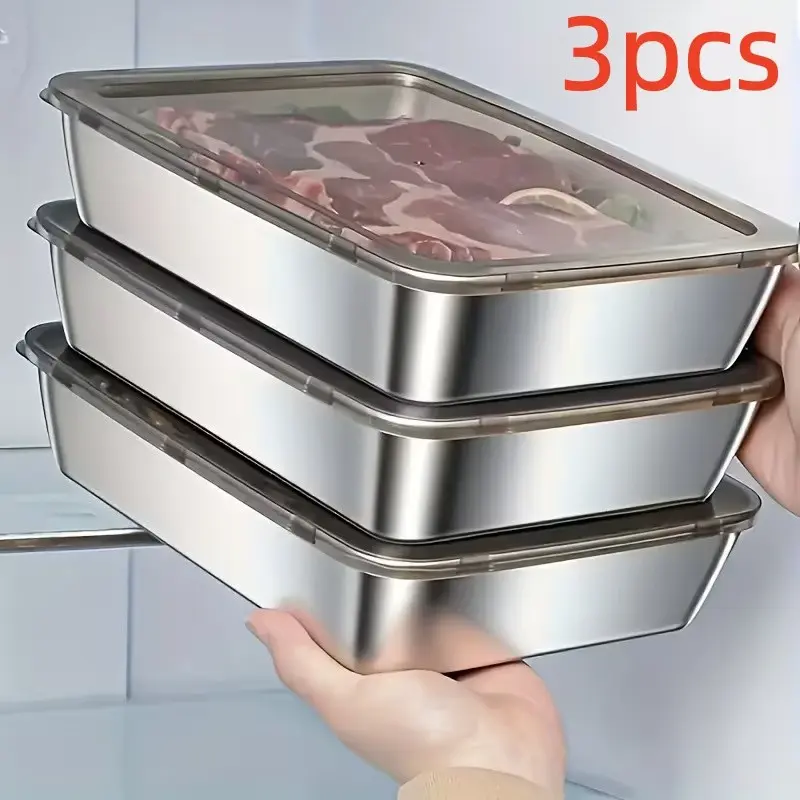 3-Piece Stainless Steel Food Storage Boxes, Leak-Proof Reusable, Stackable Kitchen Organizer, Dishwasher Safe, for Fridge & Freezer