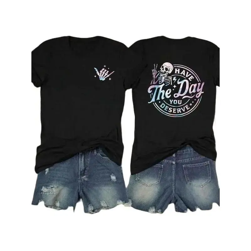 Women's Graphic T-Shirt, Casual Shortsleeve Skeleton Print Tee in a Soft, Smooth and Seamless Cotton Fabric, Lightweight, Foldable, All Seasons, Crew Neck, Fitted, Solid, Top, Round Neck, Graphic Tees Women, T Shirts For Women
