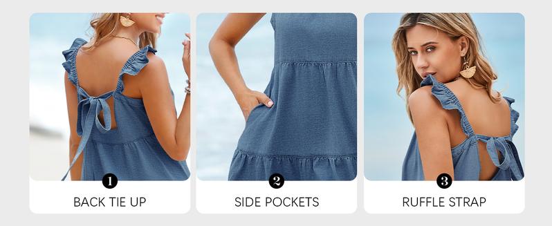 Danedvi Womens Summer Denim Dress Square Neck Ruffle Trim Sleeveless Babydoll Dress Flowy Jean Dress with Pockets