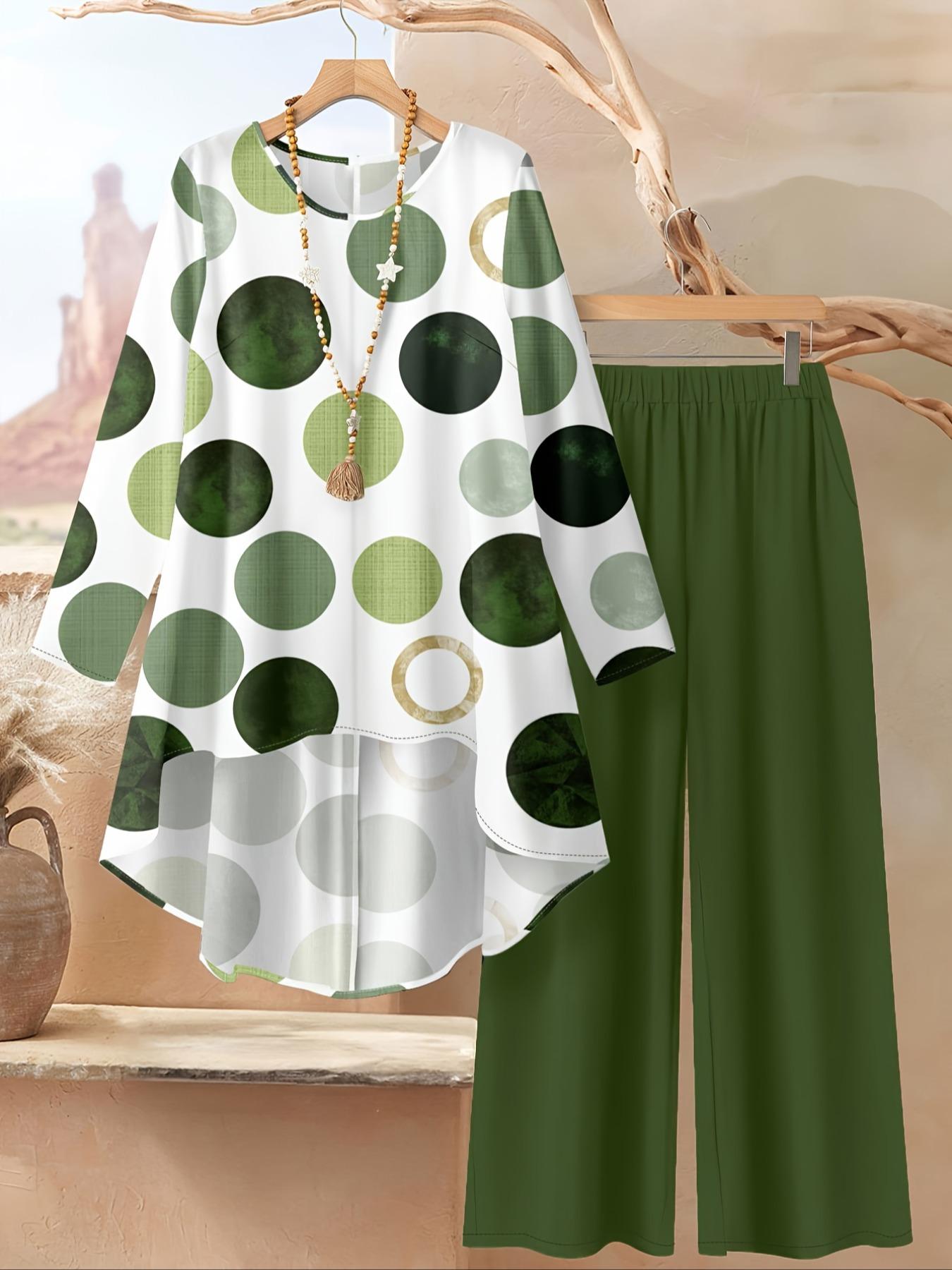 Women's round neck Fitted irregular print Woven long-sleeved top and elastic waist solid color wide-leg pants two-piece set outfit, suitable for Beach, seaside vacations, lazy time, daily outings, holidays, home, casual wear