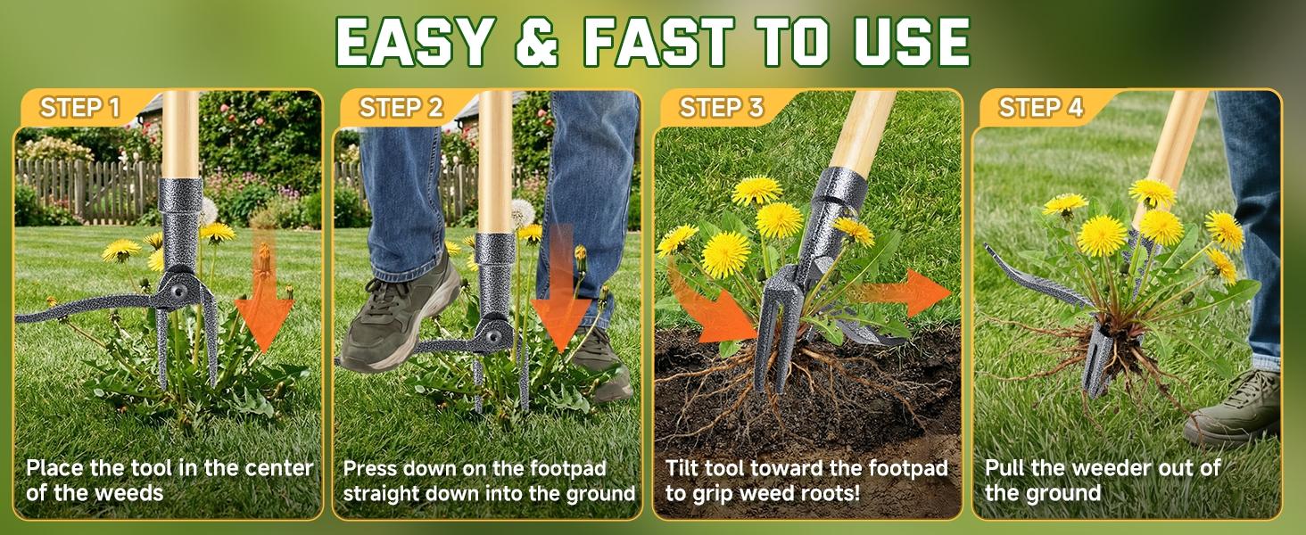 Weed Puller Tool, Stand Up Heavy Duty Root Removal Tool with 4-Claw Head & Long Handle, Garden Hand Weeding Tool - Easily Remove Weeds Without Bending, Pulling,or Kneeling