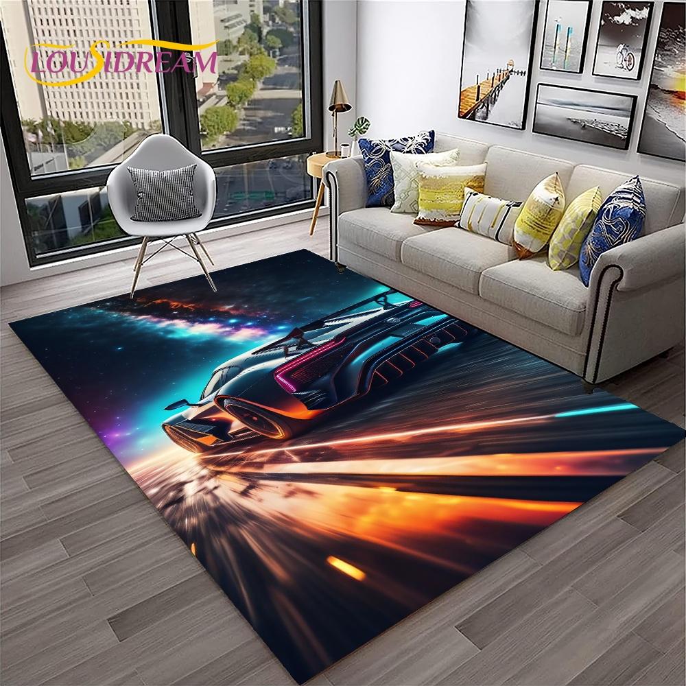 Blue Sports Car Flannel Area Rug - Cool Graffiti Style Supercar Print Soft Mat for Living Room & Garage, Non-Slip Car Enthusiast Home Decor#SportsCarRug #GraffitiSupercarMat #CarEnthusiastDecor #GarageCarpet #NonSlipFlannelRug