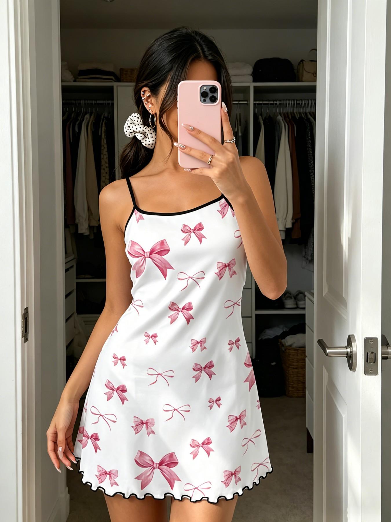 4-Pack Bow Print Nightdresses for Women, Nightwear Loungewear Sleeveless H-Type Slim Fit, Breathable Lightweight, Perfect for Spring Summer, Daily Home Wear
