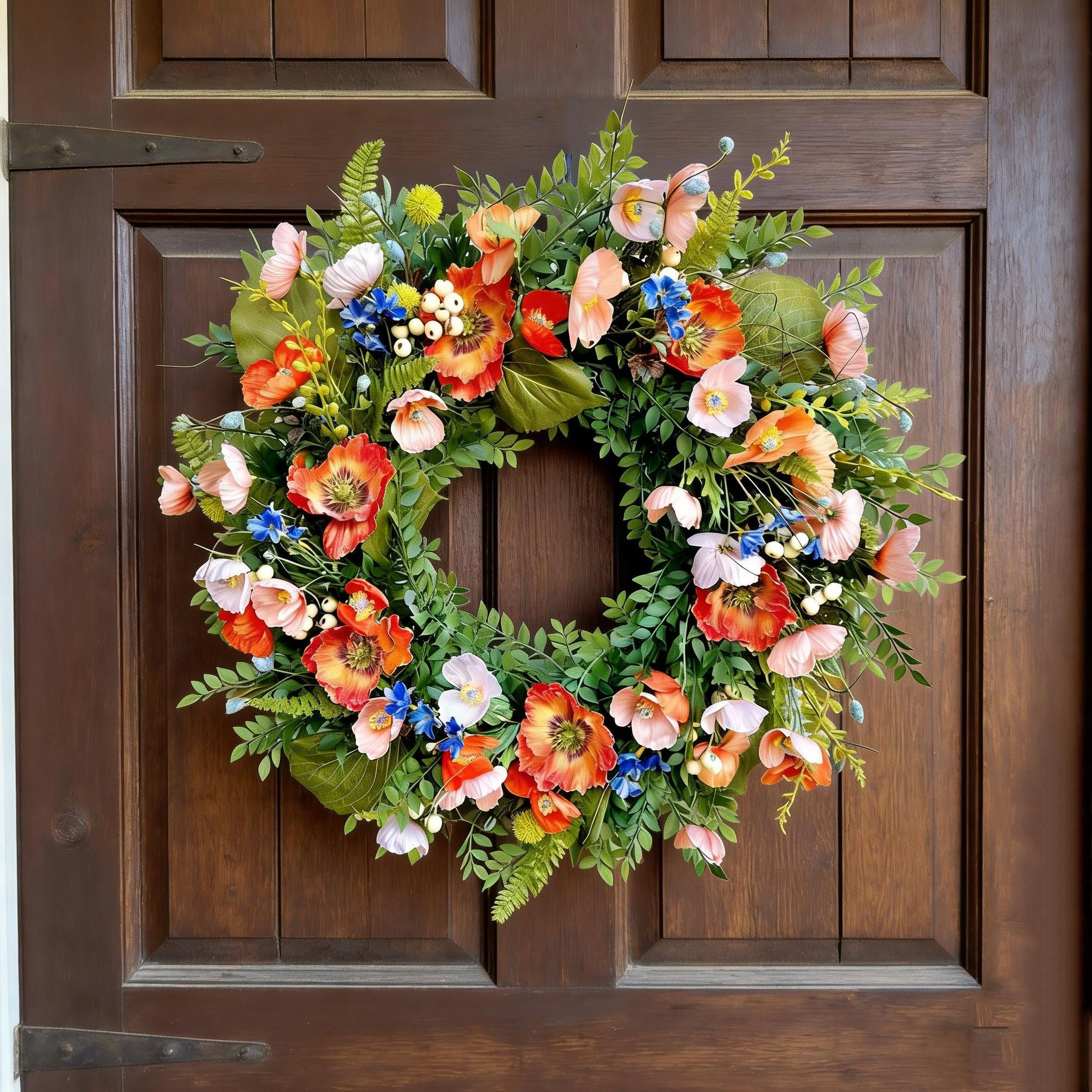 Summer Poppy Flower Ring, Realistic Poppy Front Door Wreath, Handmade Home Porch Party Decoration, Plastic Material, Daily Use