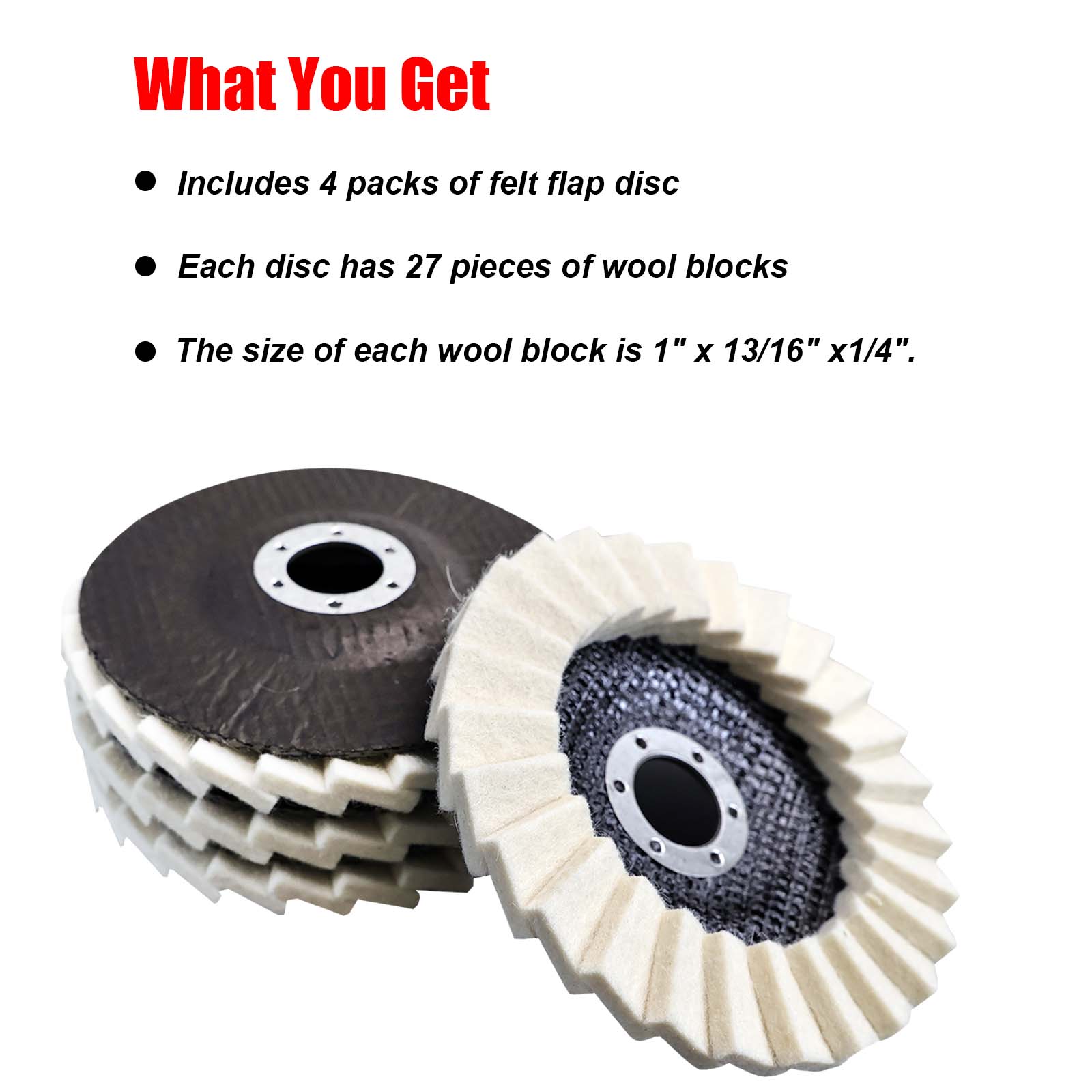 4 Pcs 5-In (125mm) Wool Buffing Wheels, Power Tool Accessories with Fiberglass Backer for Vibration Absorption, Heat Dissip., 7/8" Arbor Angle Grinder Fit, Tile/Glass/Metal Scratch Repair & Car Paint Mirror Finish
