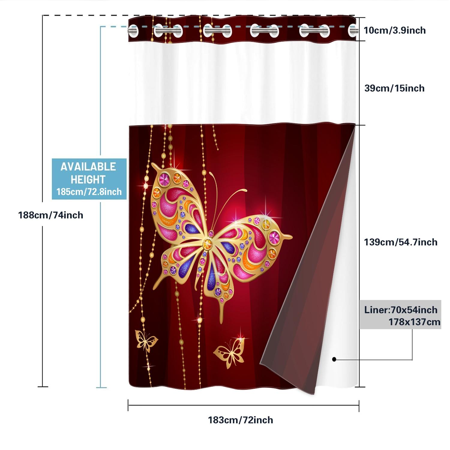 1PC double-layer large ring shower curtain, gold inlaid diamond butterfly pattern, shower curtain, high-end quick drying hanging curtain, bathroom, curtain, waterproof, mildew proof curtain