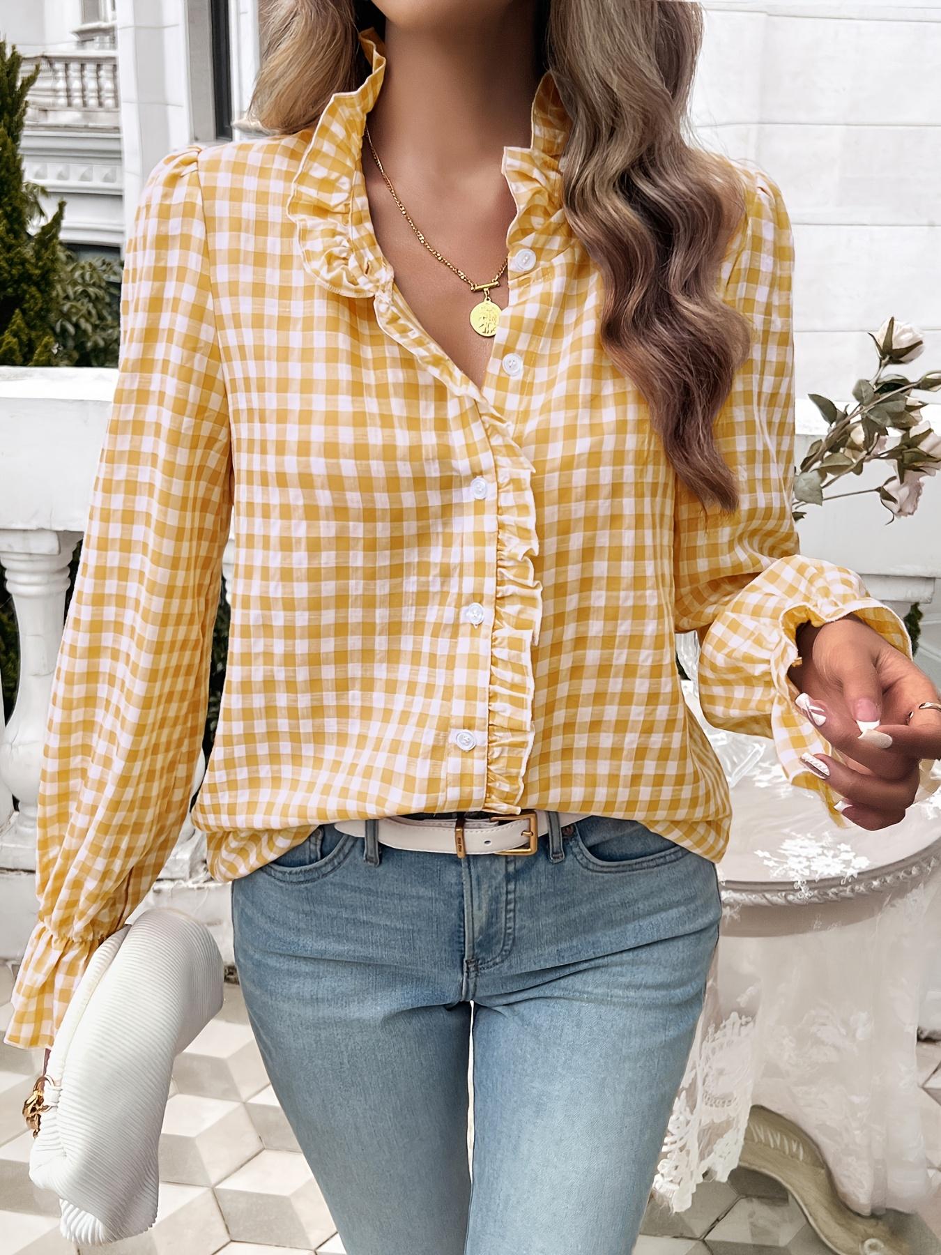 ZAFUL Women's Fashion Plaid Button-Down Shirt - Long Sleeves, Ruffle Detail, Light Blue and White Plaid Pattern, Professional Business Look, Machine Washable