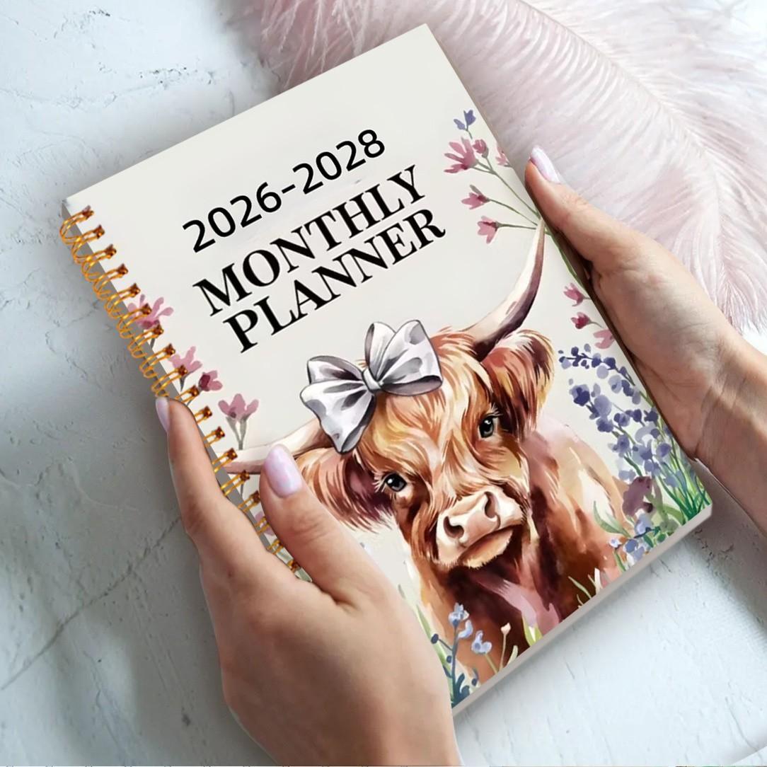 Highland Cow Monthly Planner Notebook 2026-2028, Coilbound Looseleaf Schedule Organizer, Essential Planning Tool for Efficient Time Management