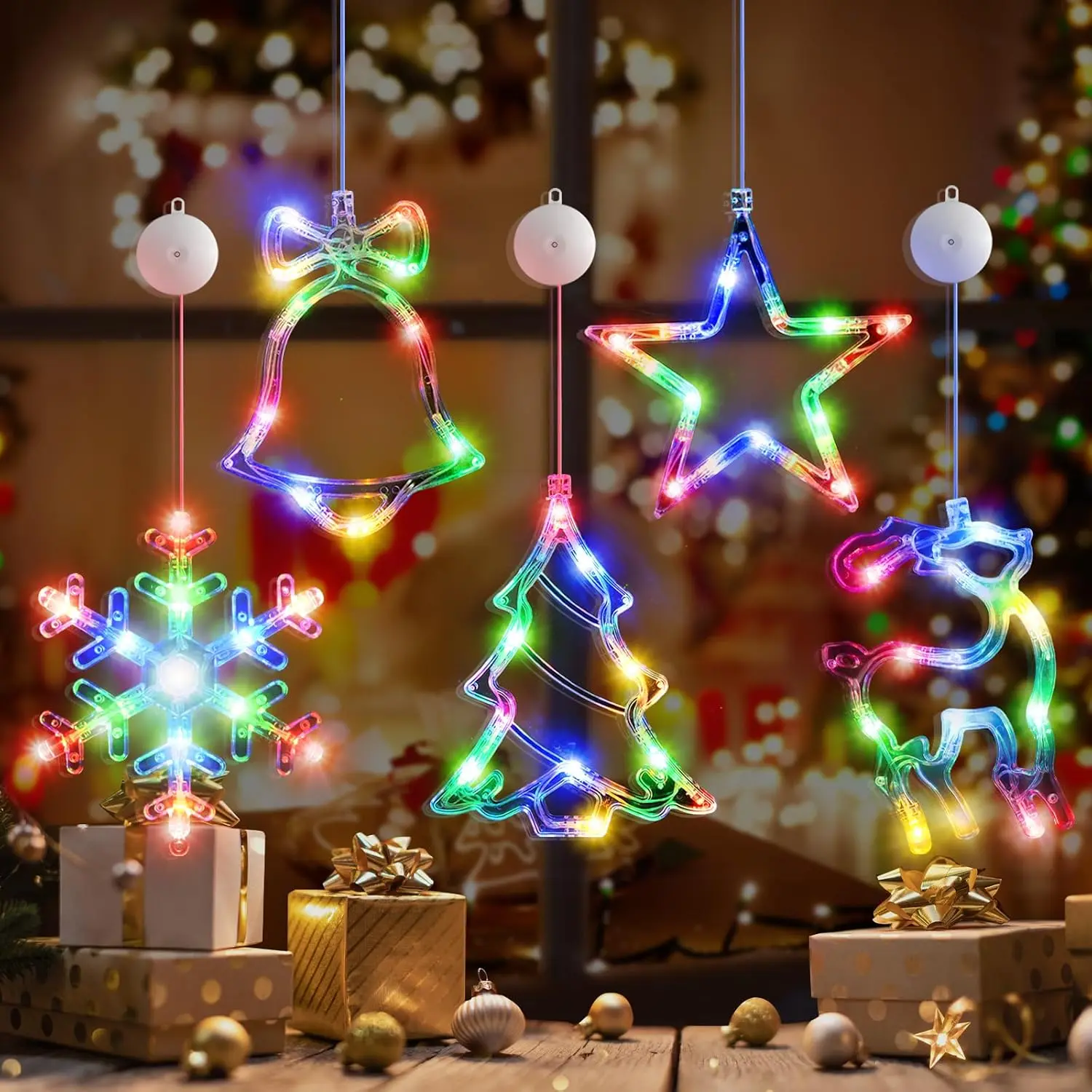 5Pack Christmas Window Lights Decorations with Timer,  Christmas  Multicolor Lighted Snowflake Tree   Bells Shaped LED Sucker for Xmas Fireplace Indoor Decor