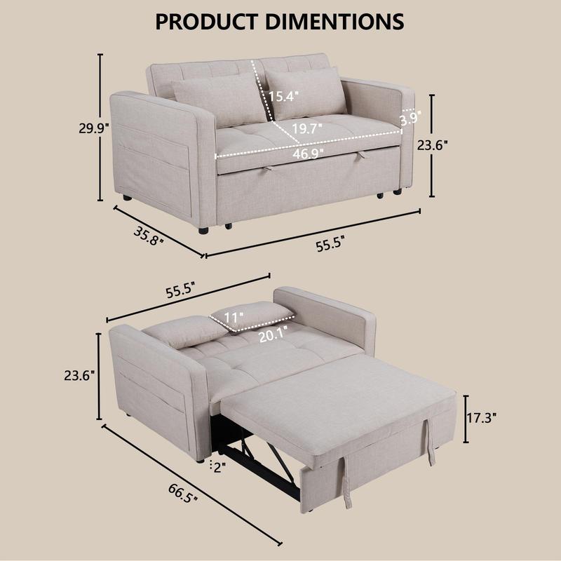 [HolidayHaul]EBELLO 3 in 1 Convertible Sleeper Sofa Bed, Velvet Modern Loveseat Futon Couch Pullout Bed with Side Storage Pockets, Small Love Seat Lounge Sofa Futon for Small Space, Living Room