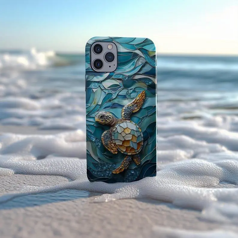 Sea Turtle Stained Glass Effect Glossy Polycarbonate Magnetic Cellphone Case - Protective Cover, Casing, Ocean Animal Print, Unique Gift, Device Protector for iPhone 11-17 Pro/Plus/Pro Max Electronic Devices