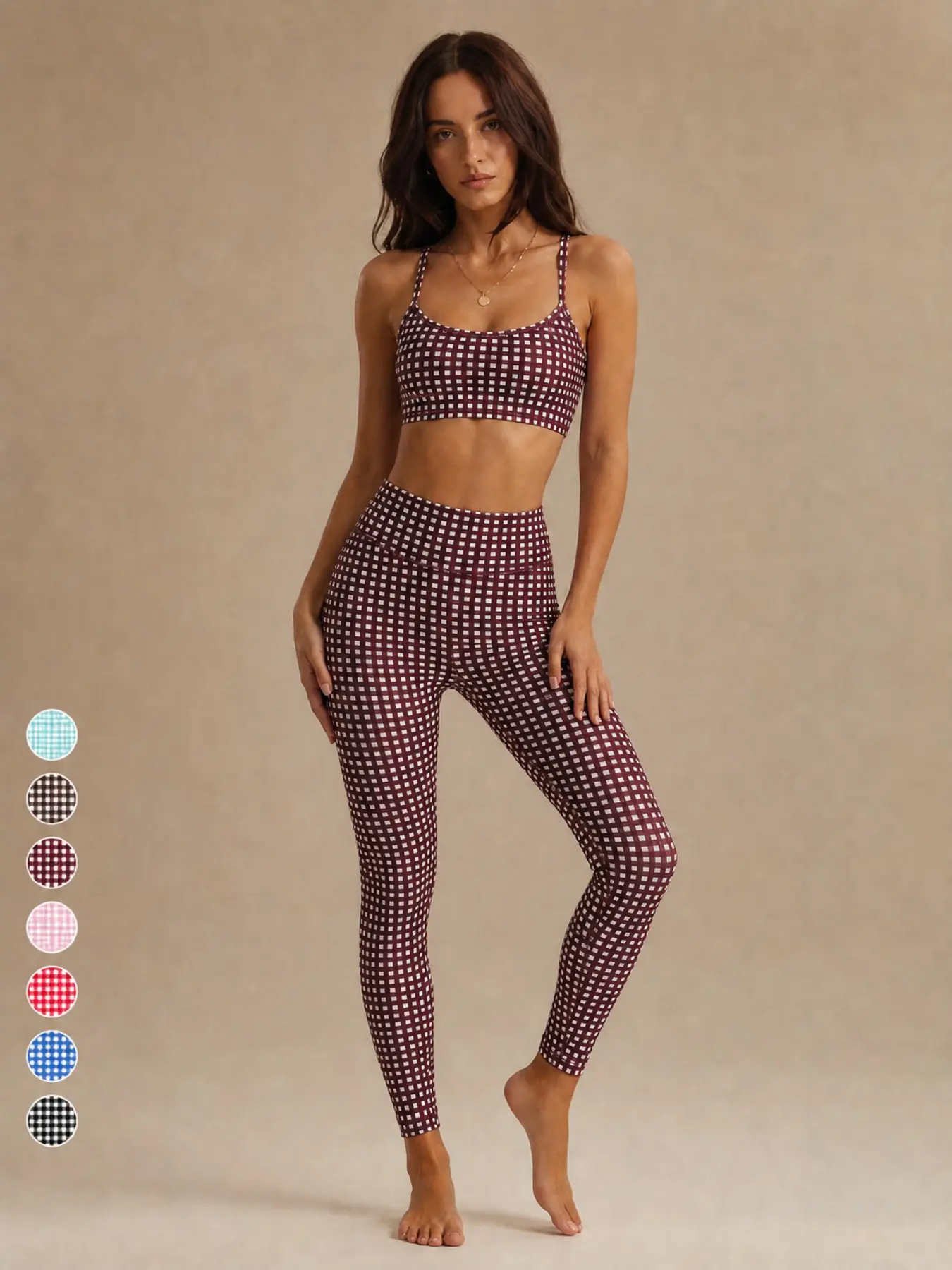 Women's Checkered Sports Bra Set, Summer Slim-Fit Yoga, High-Waisted Workout Pants, Buckles, Two-Piece Fitness Gear, Athletic Sets