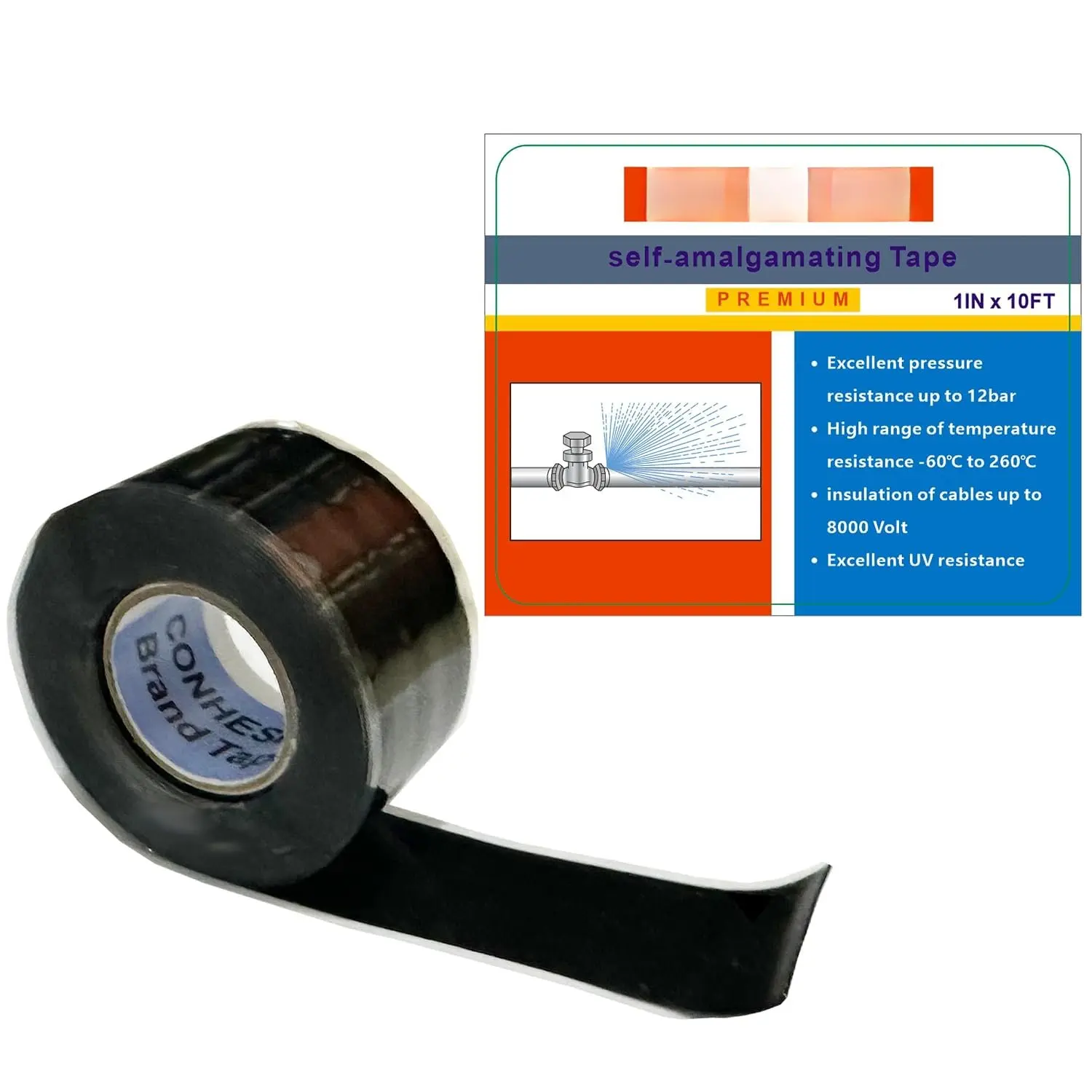 Synthetic UV-Resistant Self-Fusing Tape Roll, 1in x 10ft High-Temp Self-Welding Tape for Pipe Repair, Electrical Sealing & Outdoor Coax Fixes