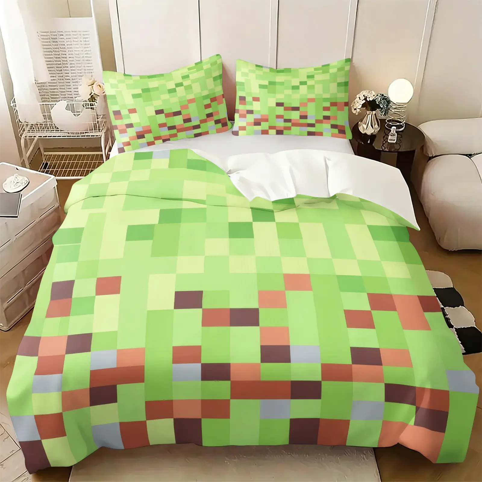 Pixel Grass Block Mosaic Game Themed Print Duvet Cover Set, Includes 1-2 Pillowcases, Game Style Minecraft Bedding Set All Size, Soft Breathable & Machine Washable All Season, Gamers & Teenager Bedroom Decor, Printed Bedding Set