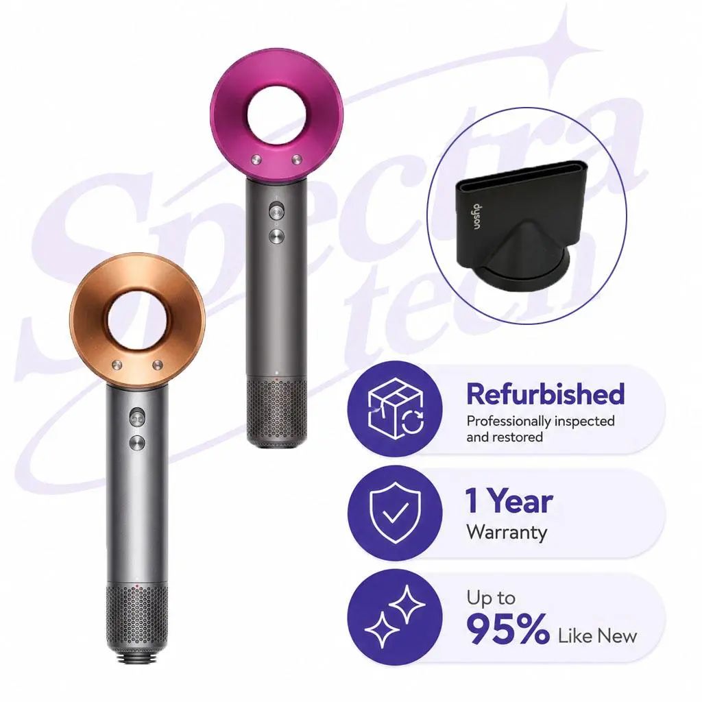 Refurbished Dyson HD07 Supersonic Handheld Hair Dryer - Open-Box Owned, Controlled Air Flow, Fast Drying, Home Salon Use, Metal Finish (Iron/Fuchsia, Nickel/Copper with Nozzle, 13l)