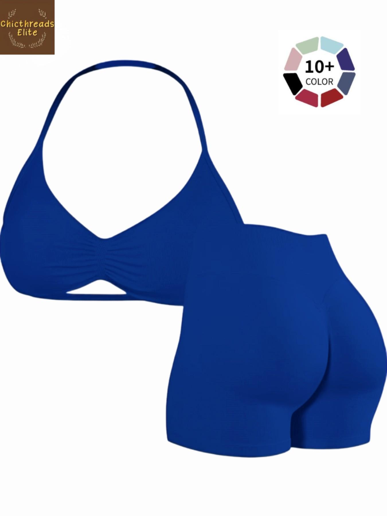 Women's Two-Piece Set, Solid Color Halter Top & High Waist Shorts, Sporty Breathable Quick-Dry for Yoga Gym Workout Running