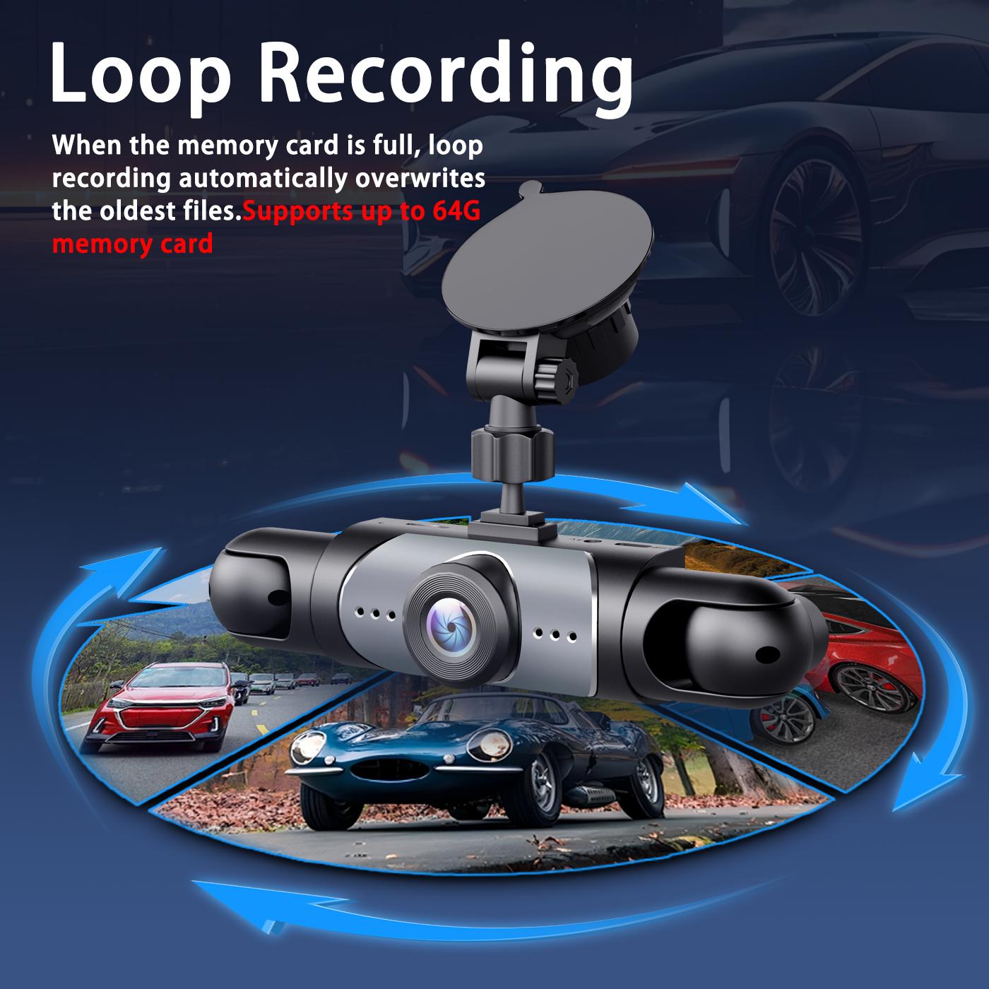 4 Channel  Car Dash Cam,1080P Car DVR with 64GB Memory Card,Plug and Play （Not wireless）Car Video Surveillance with Night Vision，24/7Parking Mode Car DVR Hd Screen Front Rear Left And Right dashcam