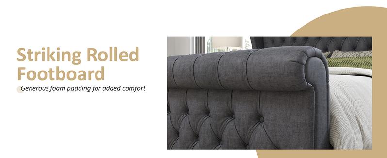 VanAcc Platform Bed Frame, Velvet Upholstered Sleigh Bed with Scroll Wingback Headboard & Footboard/Button Tufted/No Box Spring Required/Easy Assembly