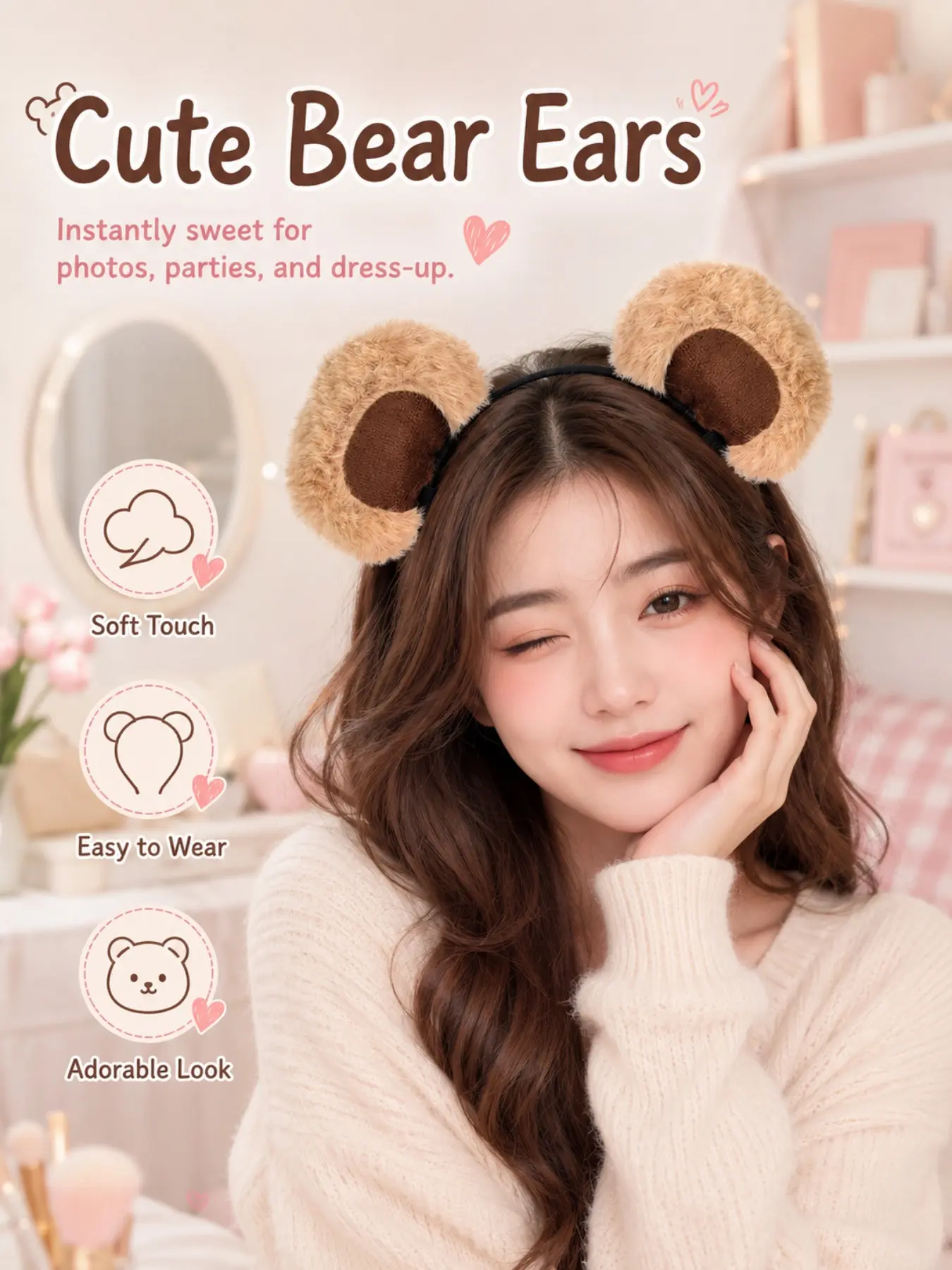 Plush Bear Ears Headband, Cute Fluffy Cartoon Hair Bands, Soft Non Slip Hair Accessories for Women Girls, Makeup Washing Face, Halloween Party Cosplay, Back to School Gift