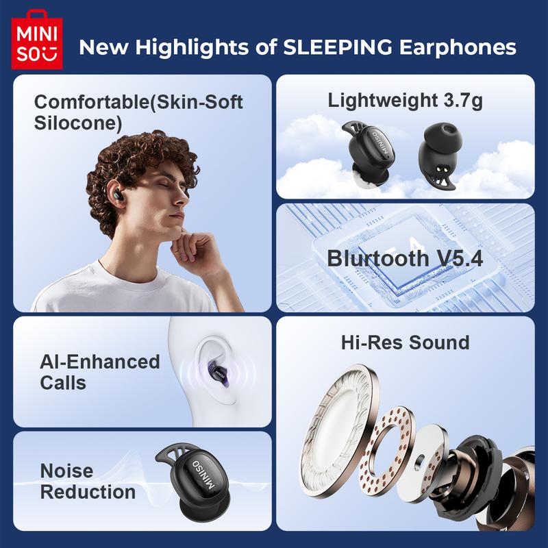 MINISO Sleep X16 Bluetooth Sleep Earbuds Noise Blocking Earbuds for Sleep Comfortable Fit Bluetooth 5.4 Wireless Headphones for Unlimited Sleep Sounds Sleep Monitor Personal Alarm Bluetooth Earphone Side Sleeper Supoort All Smart Phone