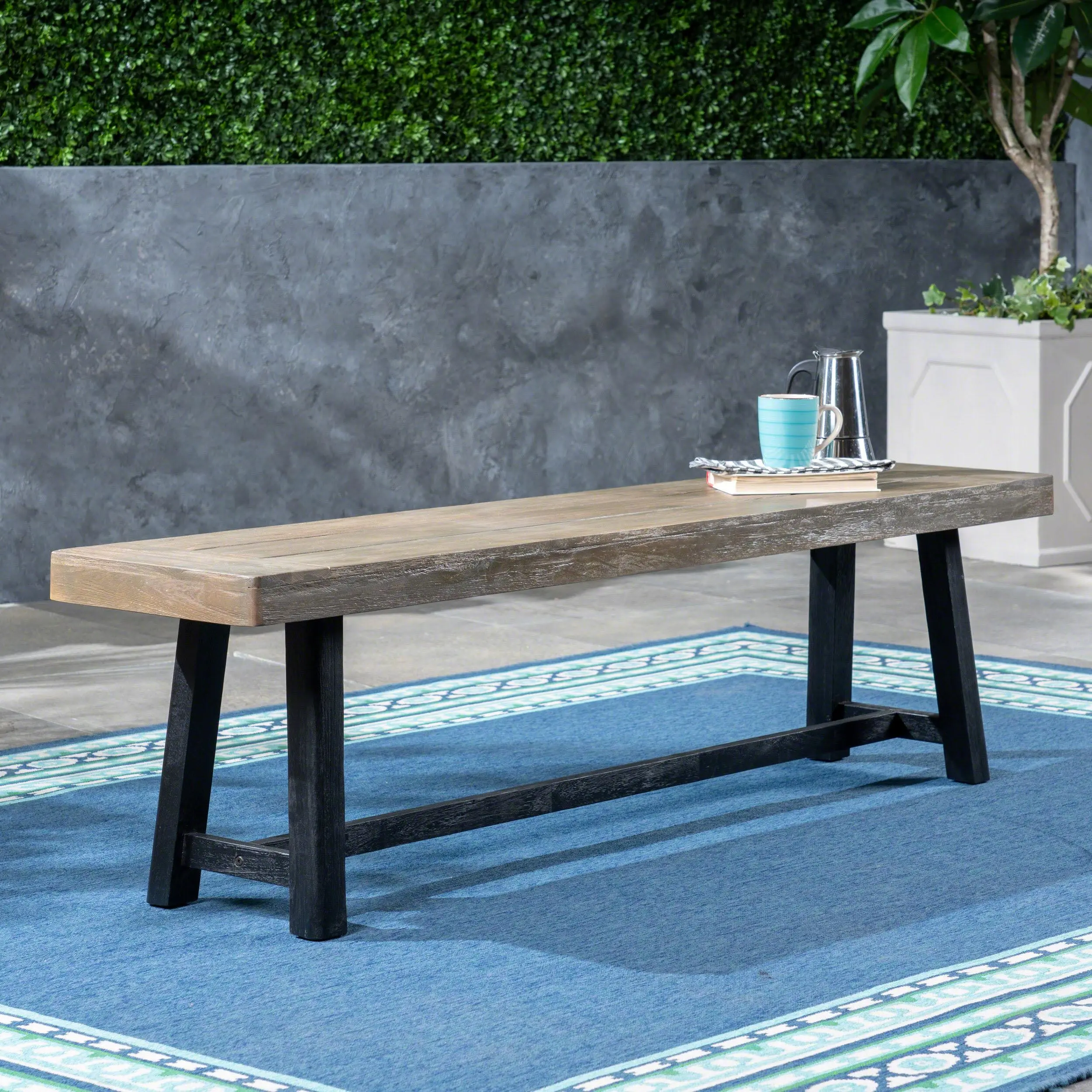 Acacia Wood Dining Bench with Sandblast Gray Finish and Black Legs, 63-Inch Wooden Bench for Dining Room and Patio Seating