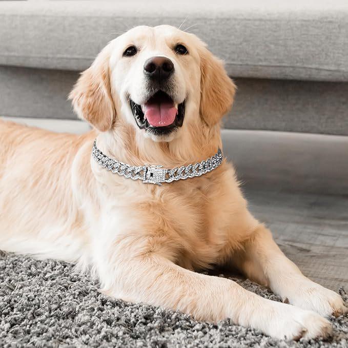Silver Chain Collars for Large Dogs with Diamond ,Sparkly Bling Metal Cuban Link Dog Collars, Rhinestone Glitter  Necklace for Large Pet Dogs 24 inch