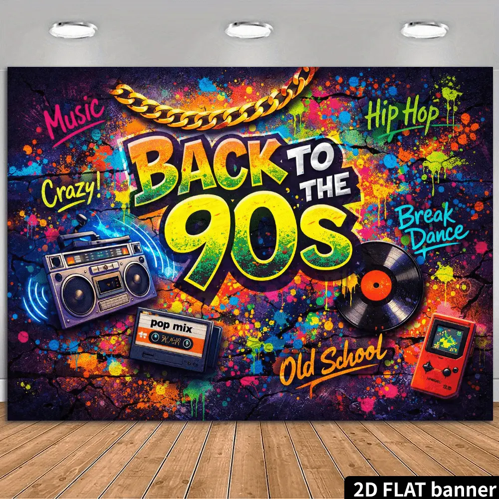 Retro Graffiti Brick Wall Backdrop Banner - Lightweight Hanging 90s Themed Decoration with Bold "BACK to THE 90s" Typography, Vinyl Record & Spray Paint Design, Hip Hop Decor for Parties & Photo Booths, Ideal Gift