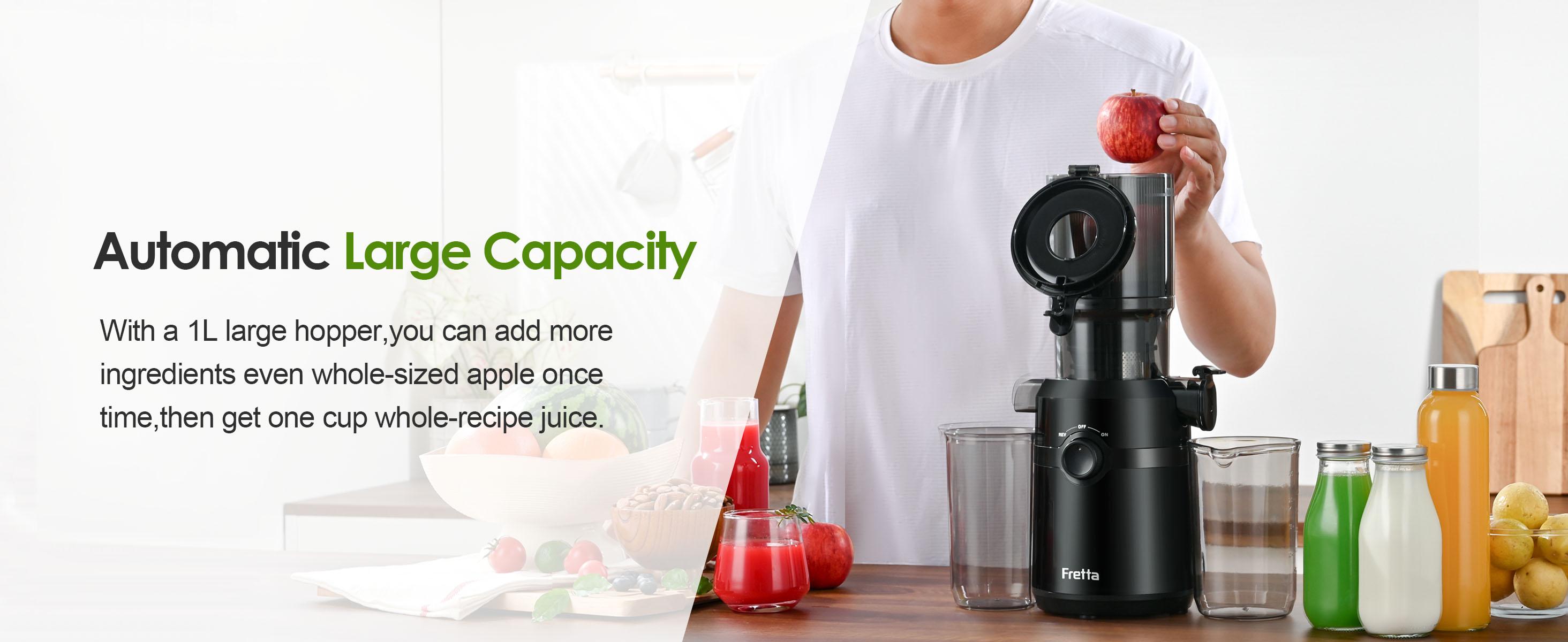 Fretta Cold Press Juicer Machine, 4.25" Large Feed Chute, Compact Juicer Machines for Fruits & Vegetables, Sleek Design Personal Size Tritan BPA-Free