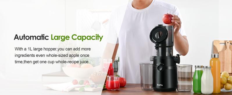 Fretta Cold Press Juicer Machine, 4.25" Large Feed Chute, Compact Juicer Machines for Fruits & Vegetables, Sleek Design Personal Size Tritan BPA-Free