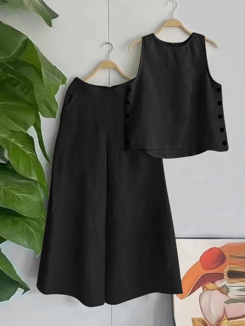 Women's Solid Tank Top & Pocket Wide Leg Pants Set, Matching Clothing Set, Elegant Fashion Casual Two-piece Outfits for Daily Outdoor Wear, Women Clothing for Summer