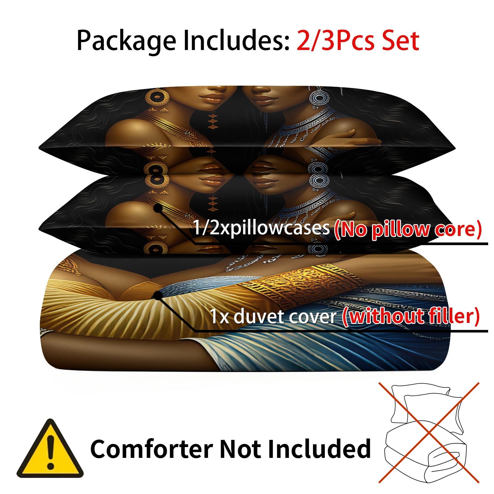 3PCS Gold Blue Black Goddess Hug Duvet Cover Set (1 Duvet Cover + 1-2 Coreless Pillowcases), African Queen Crown Art Print, Skin-Friendly Soft Comfy All Seasons Summer Vibes Artistic Print Bedding Set, Ideal for Bedroom Dorm Decor, Printed Bedding Set