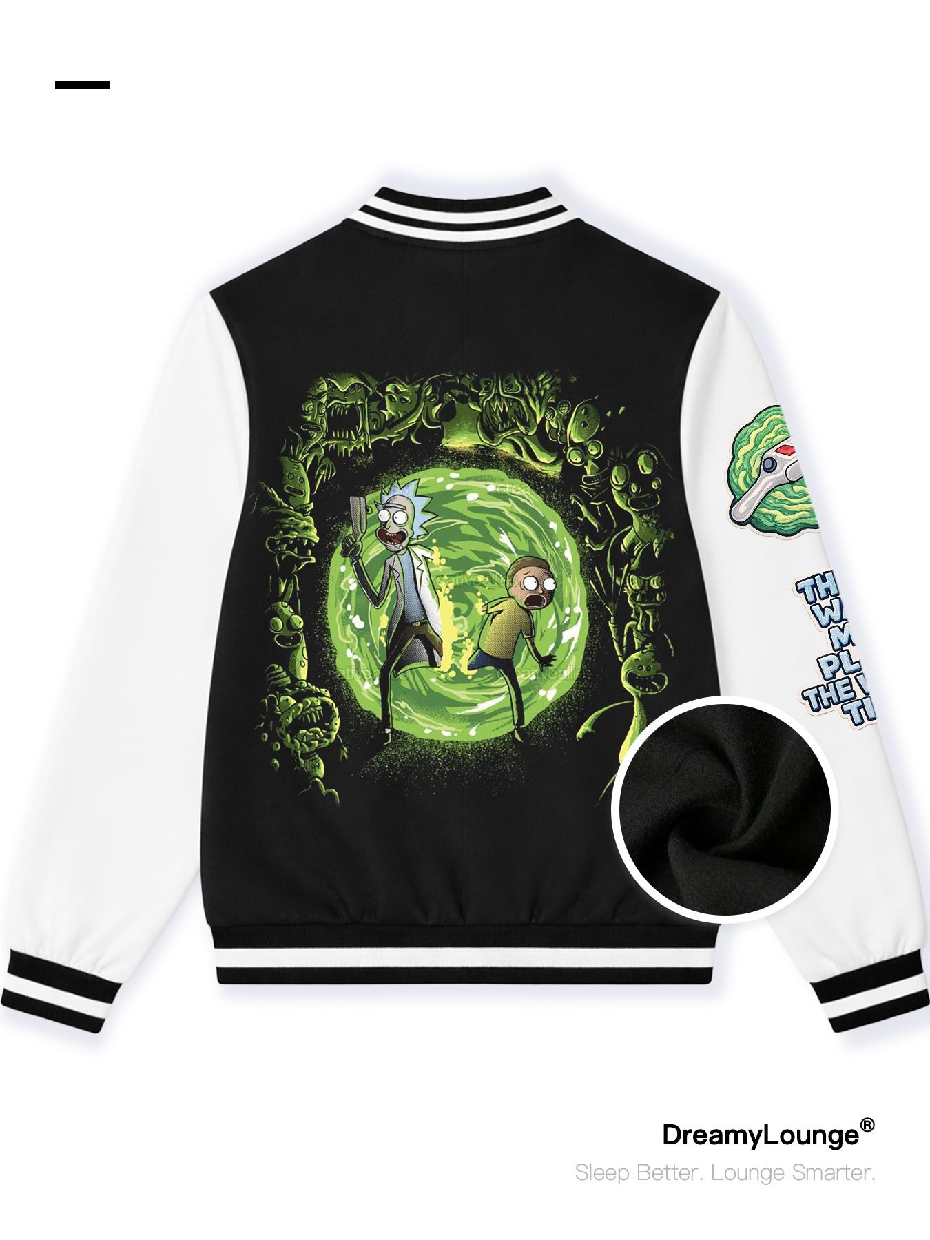 Rick and Morty Universe Portal Print Baseball Jacket, Casual Loose-Fit, Warm and Breathable, Ideal for Outdoor or Home Wear, Comfortable Pullover