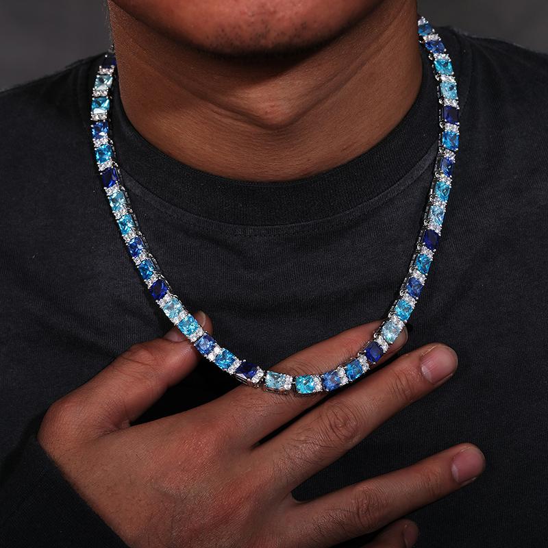 【#NS9250052】18K Gold-Plated Gradient Blue Necklace with Lab-Grown Moissanite S925 Sterling Silver  Necklace for Women Men Hip Hop Jewelry Gift