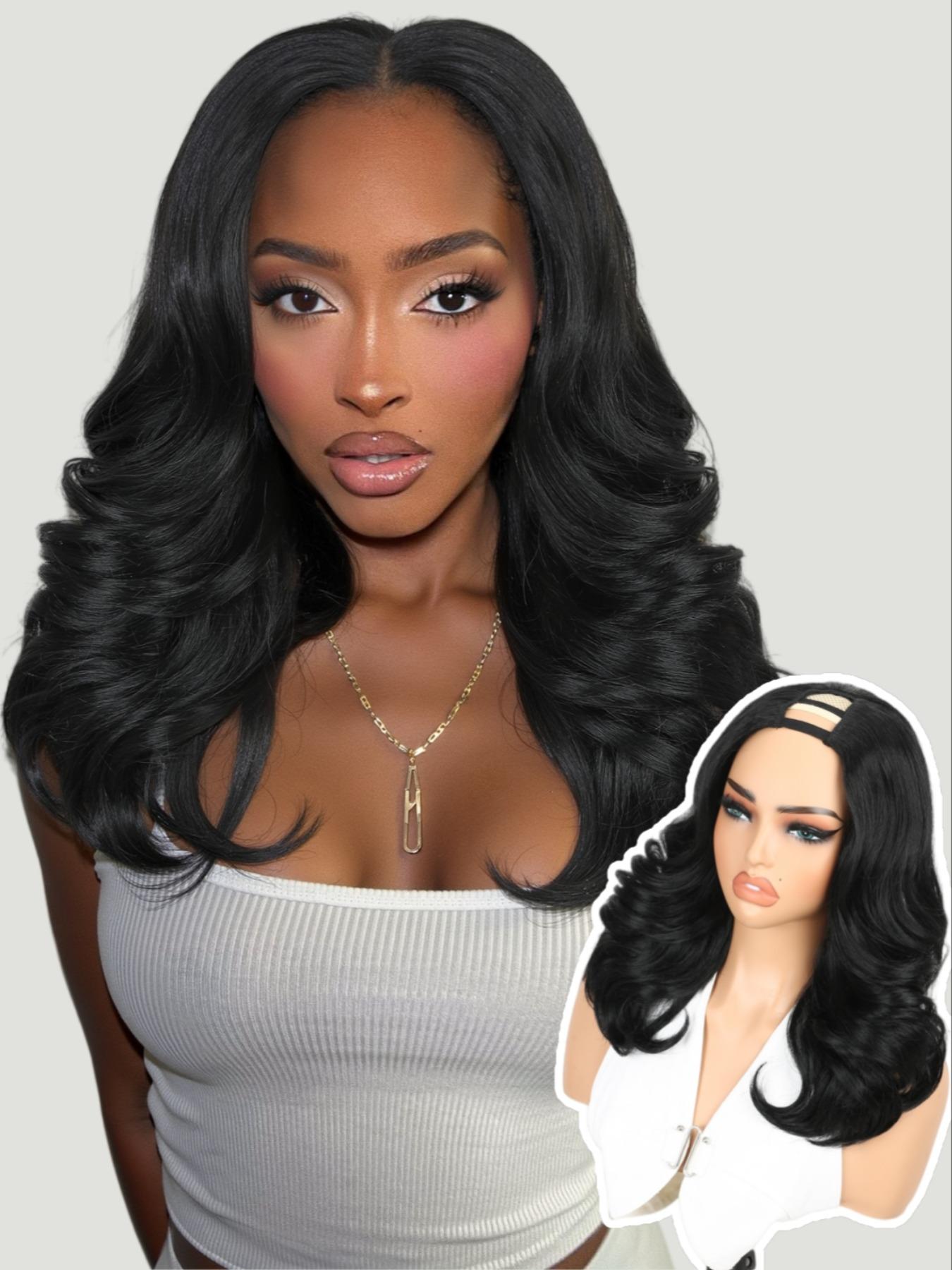 Women U Part Wig V Part Yaki Layered Curly Wigs, 16 Inch Clip-In Synthetic Wig, Heat-Resistant No-Sew-In Design, Natural-Looking