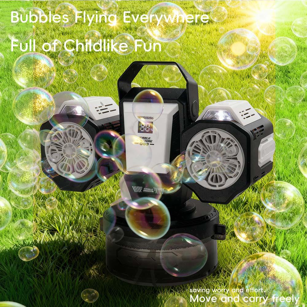 Dual Head Remote Bubble Machine, RGB Atmosphere Light, Rechargeable, 360° Auto Rotation, 30000 Bubbles Per Minute, Wedding Party Outdoor Use