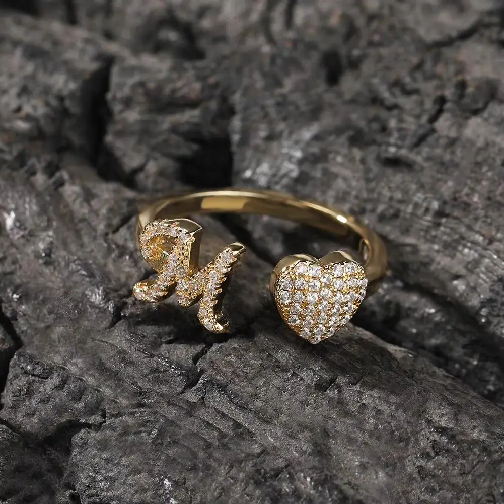 Viral Initial Heart Adjustable Ring | Aesthetic Trendy Personalized Finger Accessory | Chic Dainty Stackable Open Ring | Elegant Jewelry Gift for Her, Birthday & Daily Wear