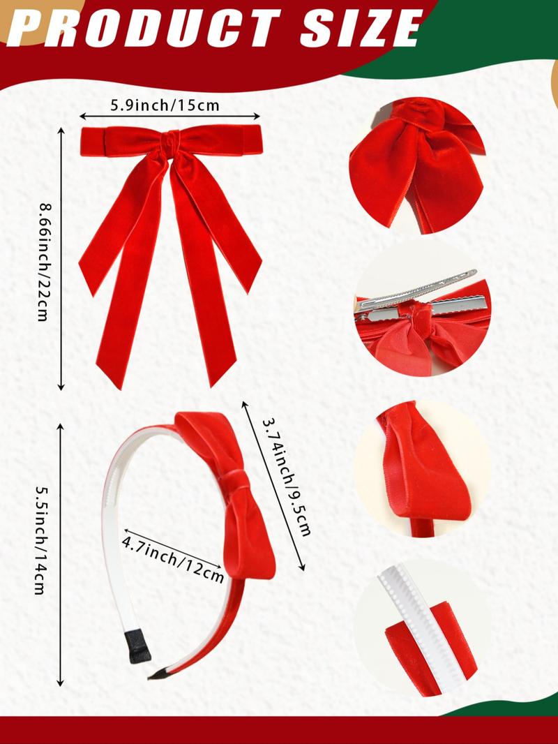 2-Piece Red Velvet Christmas Hair Bow Set for Mom & Daughter, Matching Luxury Headband & Alligator Clip,  Holiday Photo Outfit Accessories, Newborn Toddler Girls Women Xmas Gift, Hair Bows Headbands