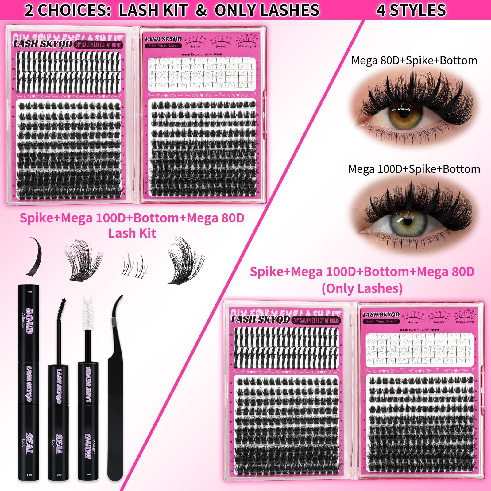 LASH SKYQD 472pcs 4 Styles D Curl False Eyelash Cluster Kit, Bottom/Spike/Mega 100D/Mega 80D Volume Lash Extensions Kit With Lash Bond and Seal Tweezers, Perfect for Beginners & Proficient, DIY at Home Easily, Easy Apply for Makeup Daily