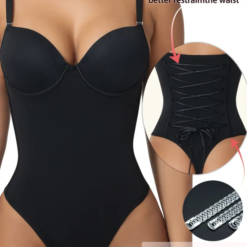Elegant Women's Plain Color Adjustable Strap Knit Fabric Bodysuit, Abdominal Control Shapewear, Underwear, Comfortable Fit for Daily Wear