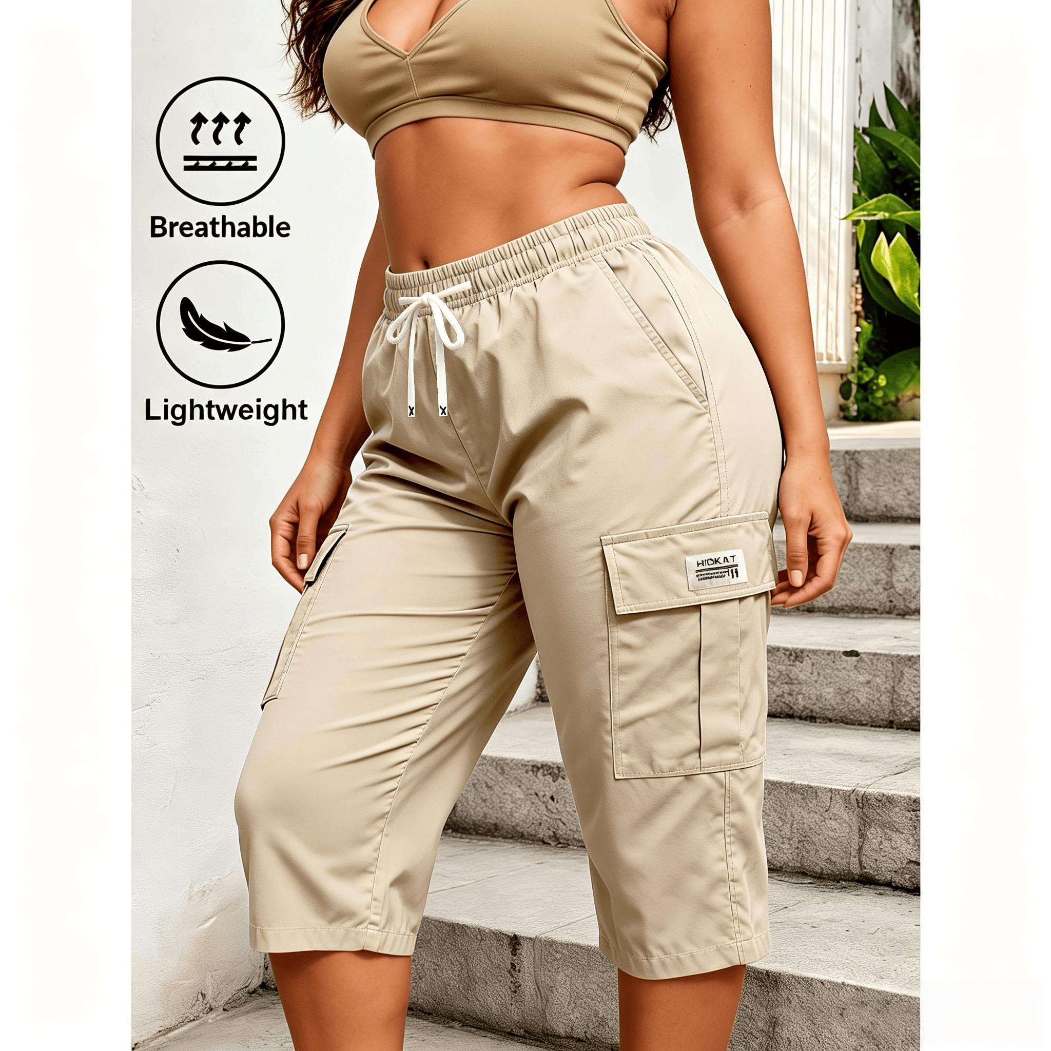 Trendy Women Solid Cargo Capri Pant Elastic Drawstring Waist Multi Flap Pockets Casual Streetwear Daily Outdoor Stylish Slim Fit Women Fashion Bottoms Must-Have Daily Outfit Pants Women's Clothing