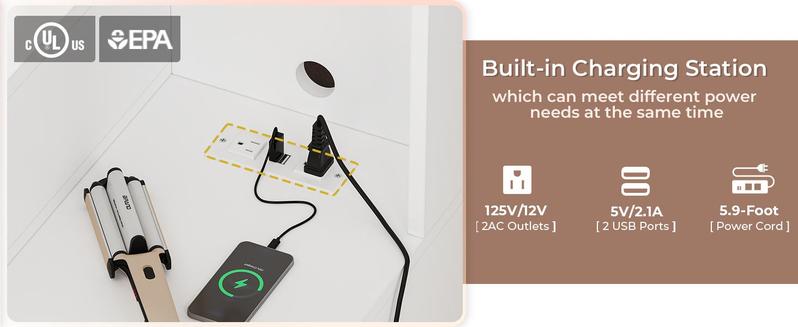 Sikaic 48.8 Inches Large Makeup Vanity Desk with Lighted Mirror & Power Outlet Glass Tabletop Bedroom Dressing Table