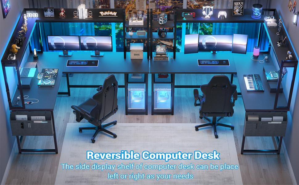 L Shaped Gaming Desk, Reversible L Shaped Desk with Power Outlet and Led Lights, Gaming Desk Corner Computer Desk with Hutch, Monitor Stand and Storage Bag for Home Office, Black