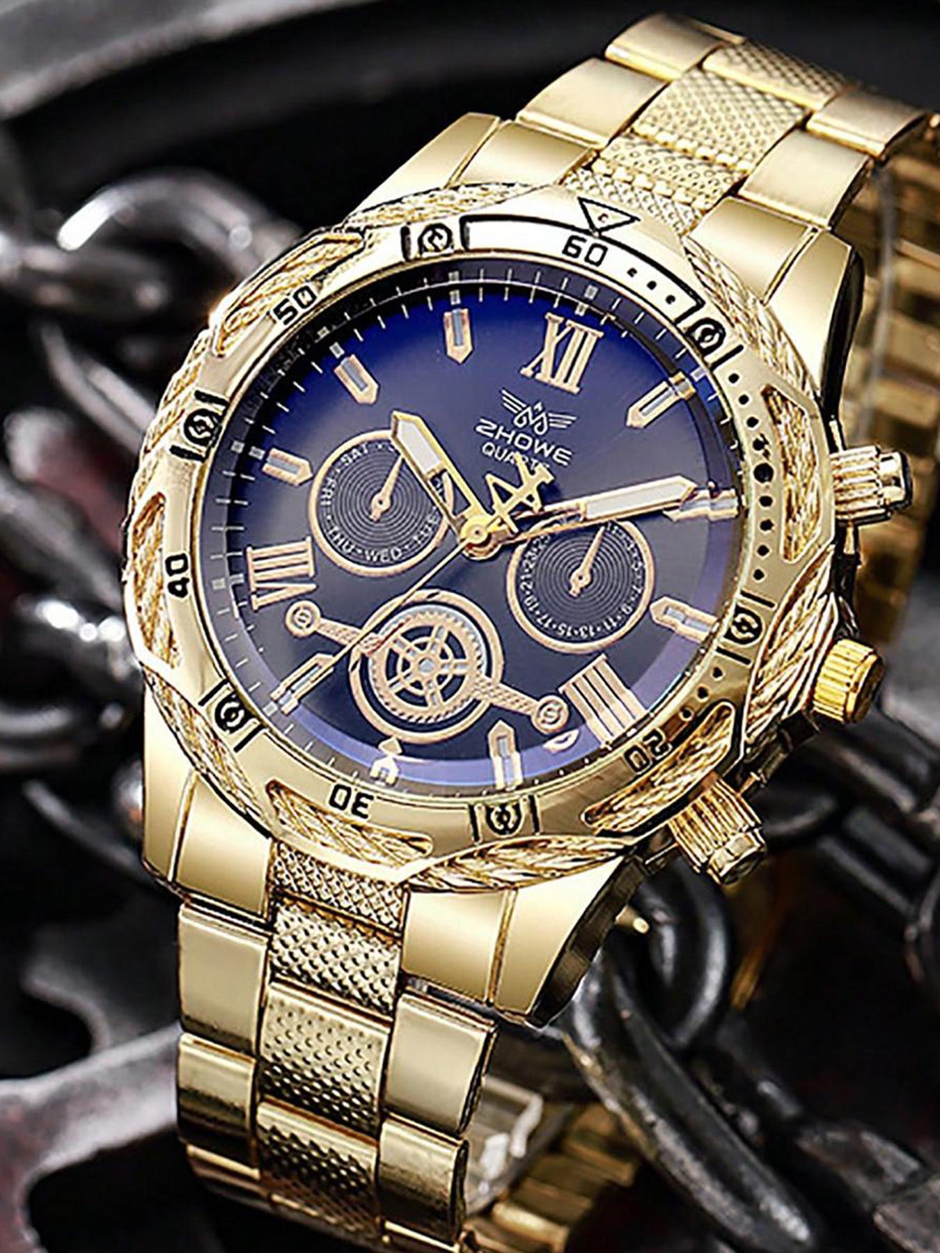 3 counts - Men's Heavy-duty Steel Band Large Dial Watch! Roman Numeral Chronograph, Business Commute All-rounder, Perfect Gift for Father's Day or a Birthday Present for a Partner