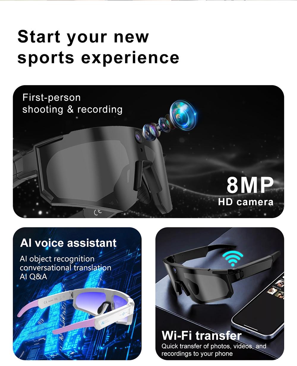 Multifunctional video camera smart sunglasses, Sunglasses with camera, 8MP lens for first-person perspective shooting, one-click recording, AI voice interaction translation and recognition, Bluetooth calling 290mAh large capacity battery