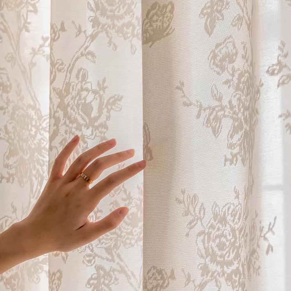 1pc Cream Hollow Mirror Sheer Curtain, Sun Protection Insulation UV Block, Universal for Living Room Bedroom Kids' Room, Rod Processing