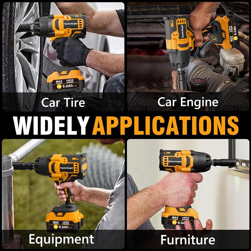 ToolerAngel 1/2-Inch Cordless Impact Wrench, 1000 Nm (737 ft-lbs) High-Torque Wrench, 20V 2000 RPM Brushless Motor, 2x 6.0Ah Lithium-Ion Batteries, Charger & 6 Sockets, Brushless Power Wrench