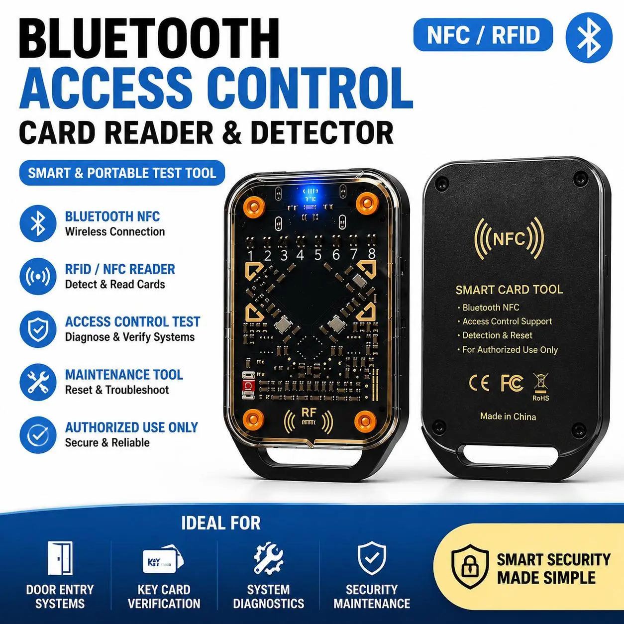 Cordless Compact Bluetooth Access Control Card Reader & Detector, Portable RFID/NFC Tester for Property Management - Smart Security Tool for Authorized Access Control, Card Management Tasks, Door Entry Systems, Detection & Reset Functions, Elevator System