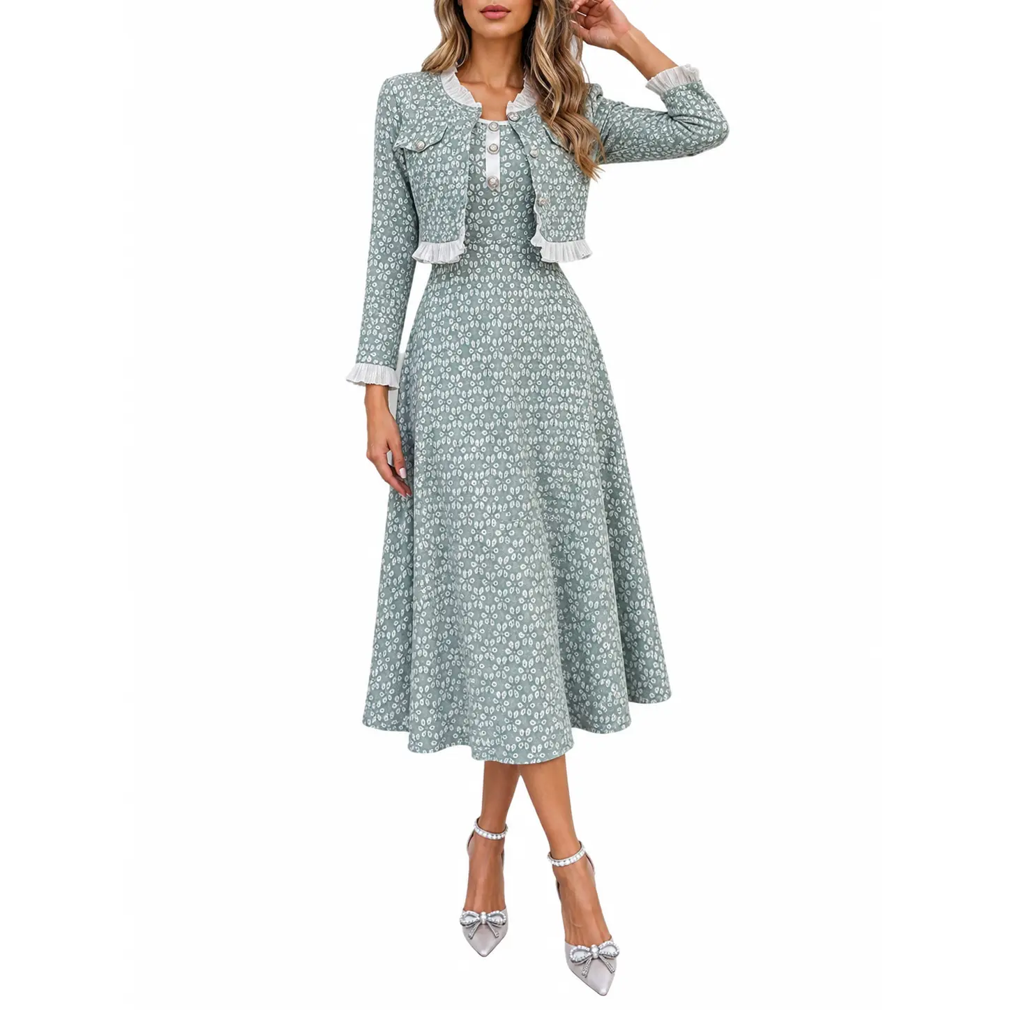 Women's 2-Piece Slim Fit Suit - Soft Jacquard Mock Neck, Pearl Buttons, Ruffled Hem, Tailored A-Line Dress Set, Elegant Fabric, Solid Color, Machine Wash, Fall-Winter Workwear & Party Wear